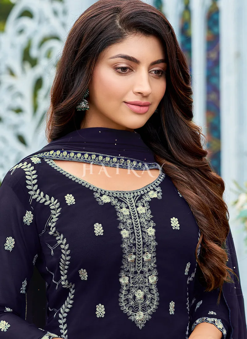 Navy Blue Georgette Embroidered Pant Suit