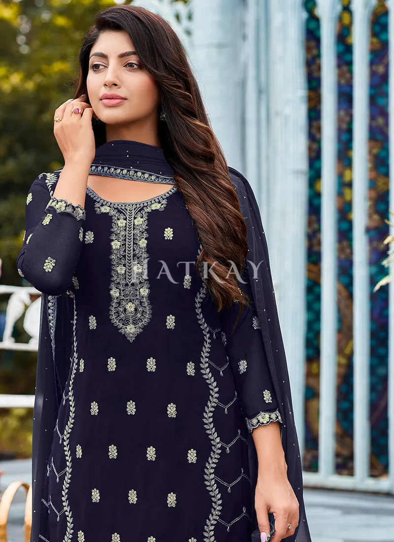 Navy Blue Georgette Embroidered Pant Suit