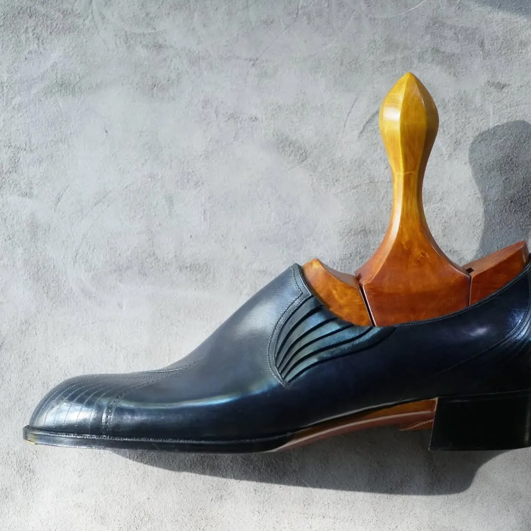 Navy Blue Italian Leather Midara Slip On Elasticated Loafers With Brogue - Formal Shoes