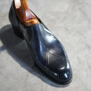 Navy Blue Italian Leather Midara Slip On Elasticated Loafers With Brogue - Formal Shoes