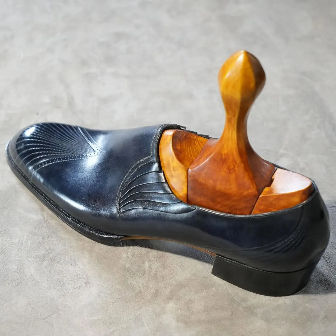 Navy Blue Italian Leather Midara Slip On Elasticated Loafers With Brogue - Formal Shoes