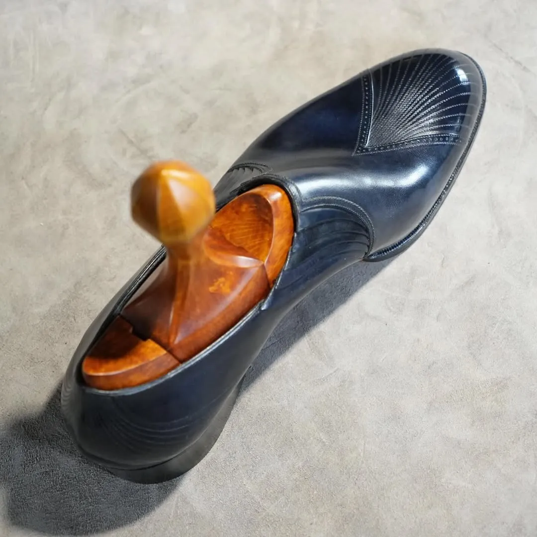 Navy Blue Italian Leather Midara Slip On Elasticated Loafers With Brogue - Formal Shoes