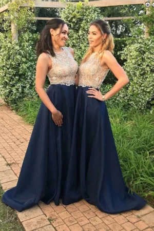 Navy Blue Long Cheap Beaded Prom Dresses,New A Line Bridesmaid Dress OK873