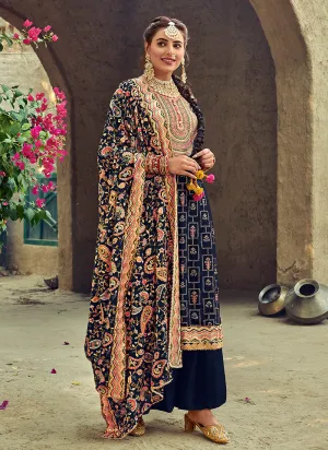 Navy Blue Multicoloured Embroidered Georgette Palazzo Suit