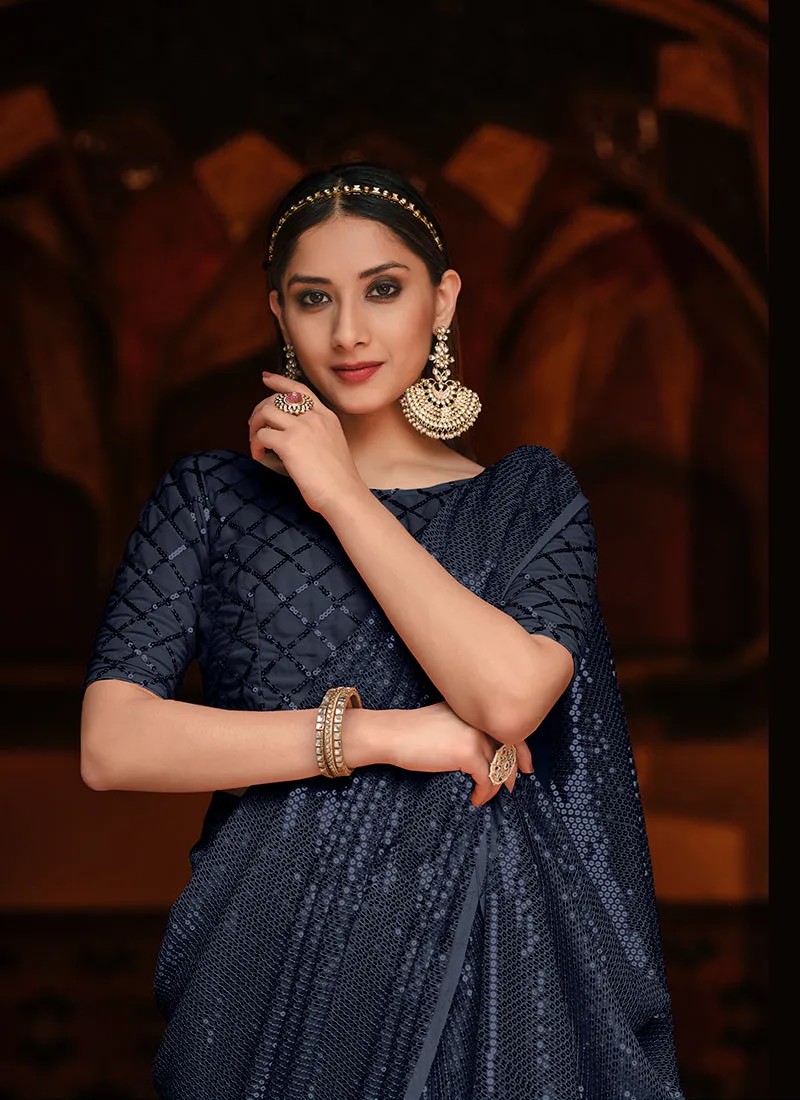 Navy Blue Sequence Embroidered Party Wear Saree