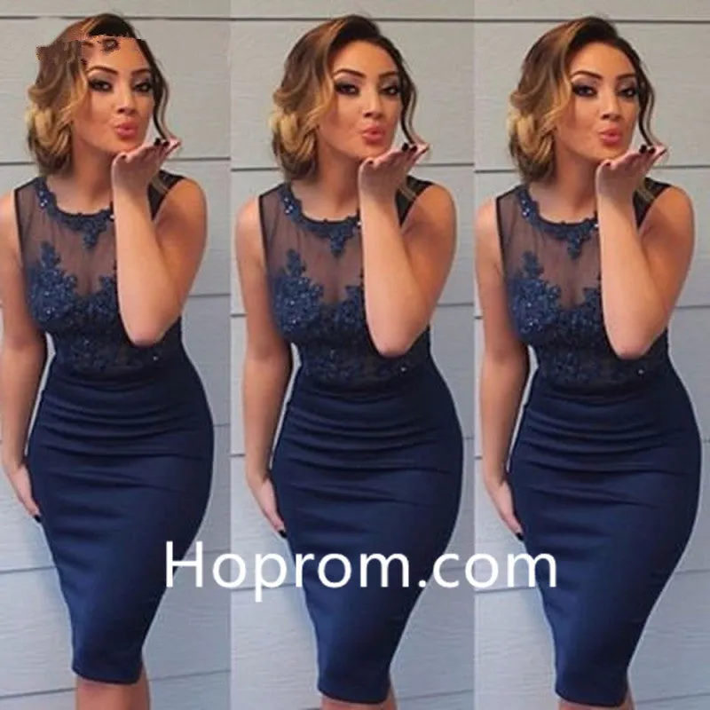 Navy Blue Short Sheer Tulle Appliques Beaded Tank Sexy Party Dresses
