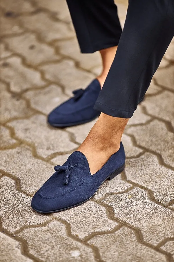 Navy Blue Suede Leather Penny Tassel Loafers - Loafer Shoes