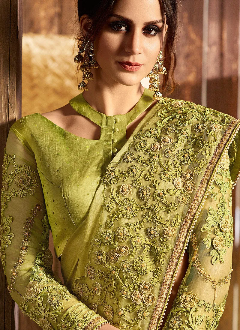 Neon Green With Multi Embroidered Pallu Traditional Saree