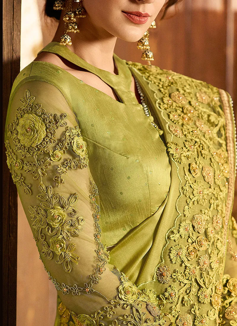 Neon Green With Multi Embroidered Pallu Traditional Saree