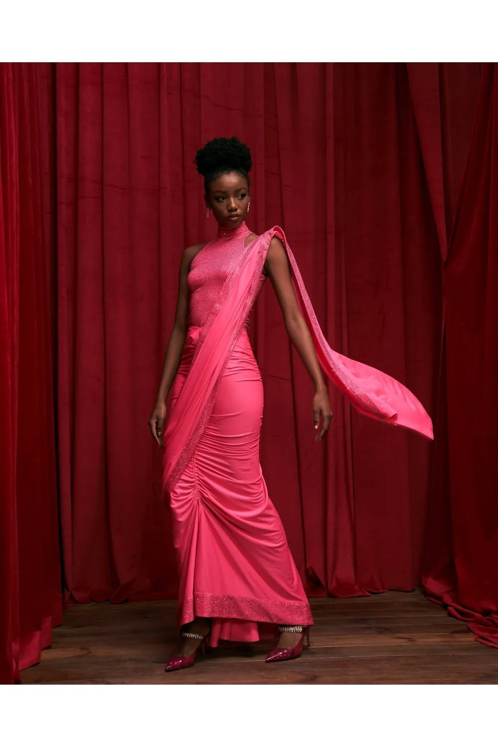 Neon Pink Jersey Crystal Embellished Ruched Skirt Saree Set