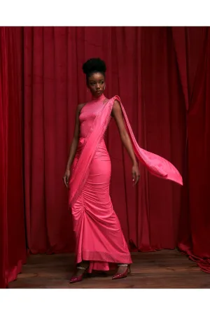 Neon Pink Jersey Crystal Embellished Ruched Skirt Saree Set