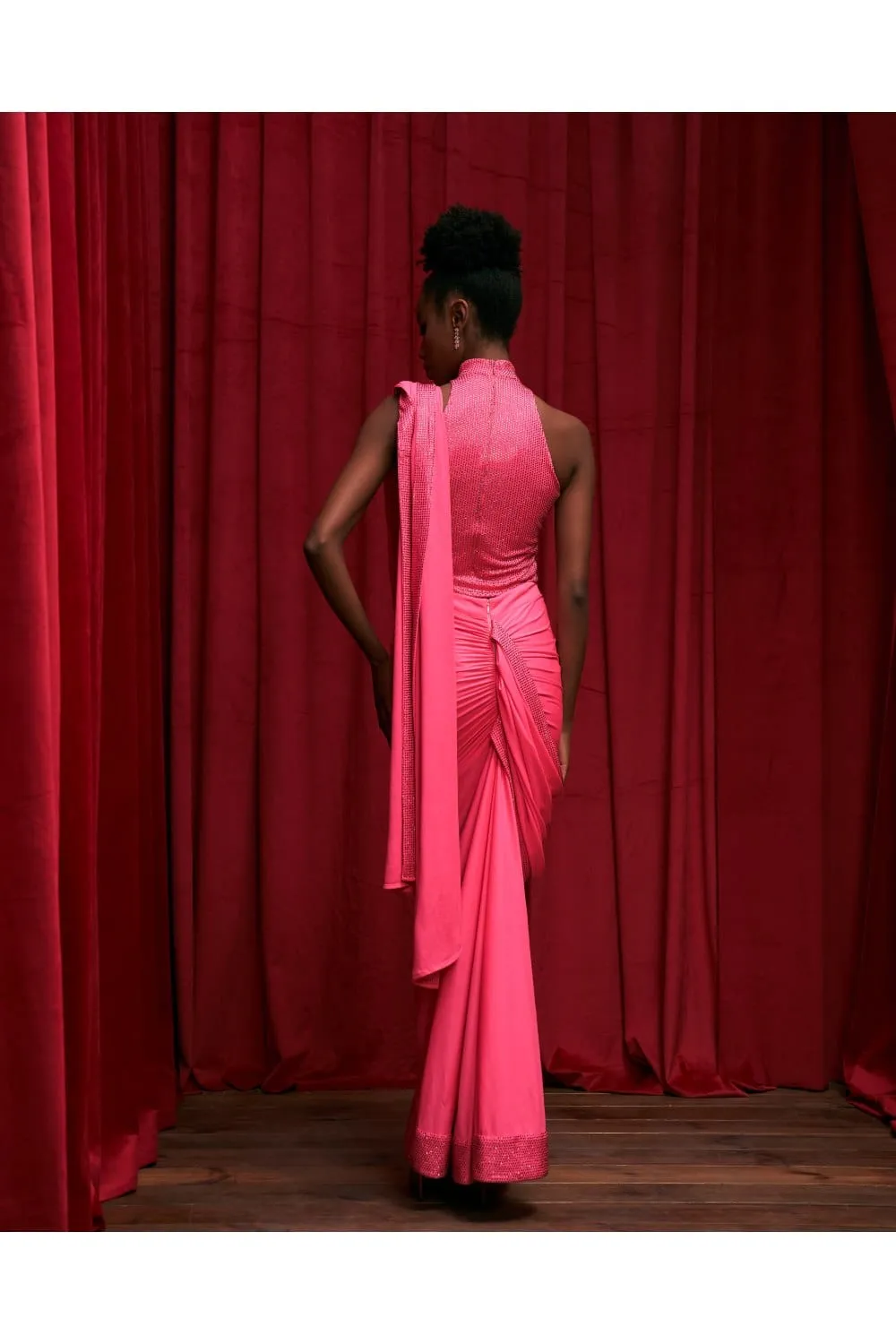 Neon Pink Jersey Crystal Embellished Ruched Skirt Saree Set
