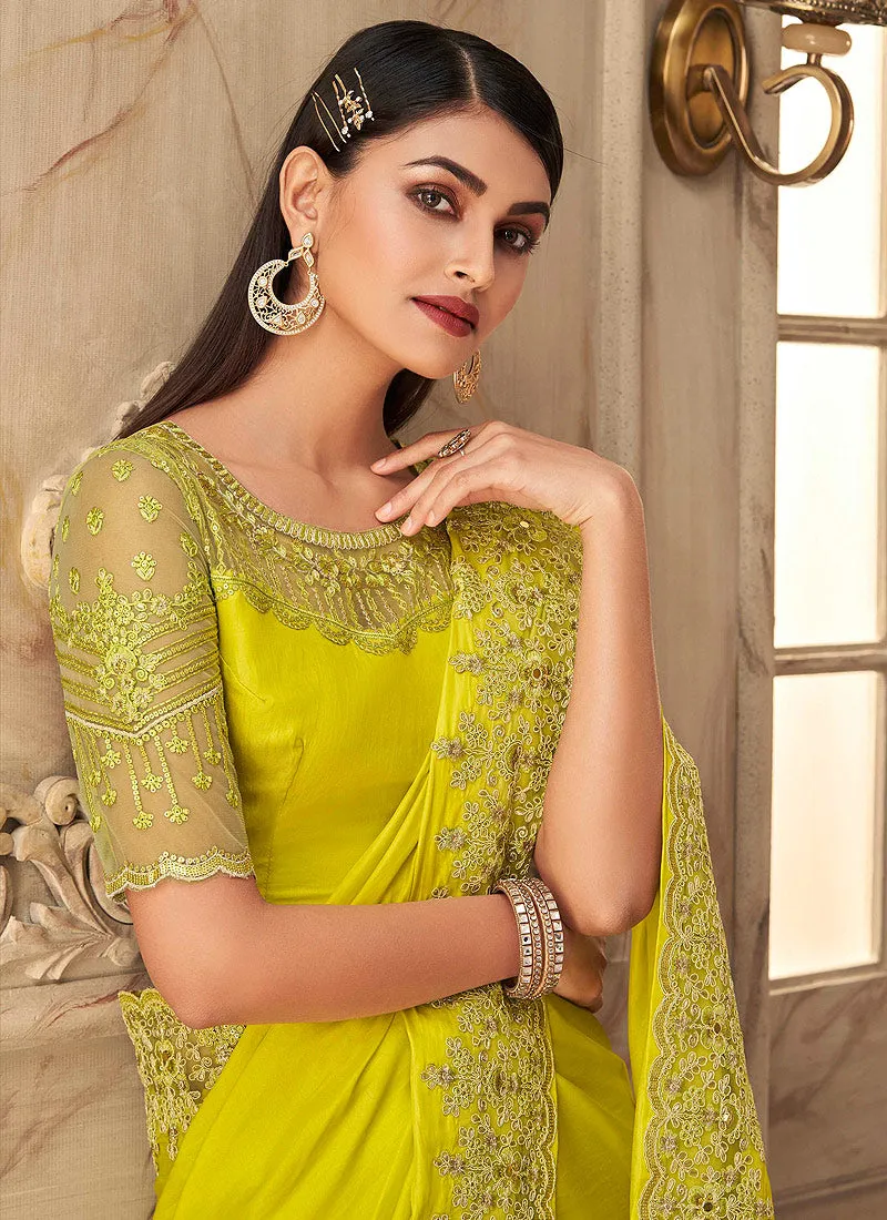 Neon Yellow Embroidered Silk Saree