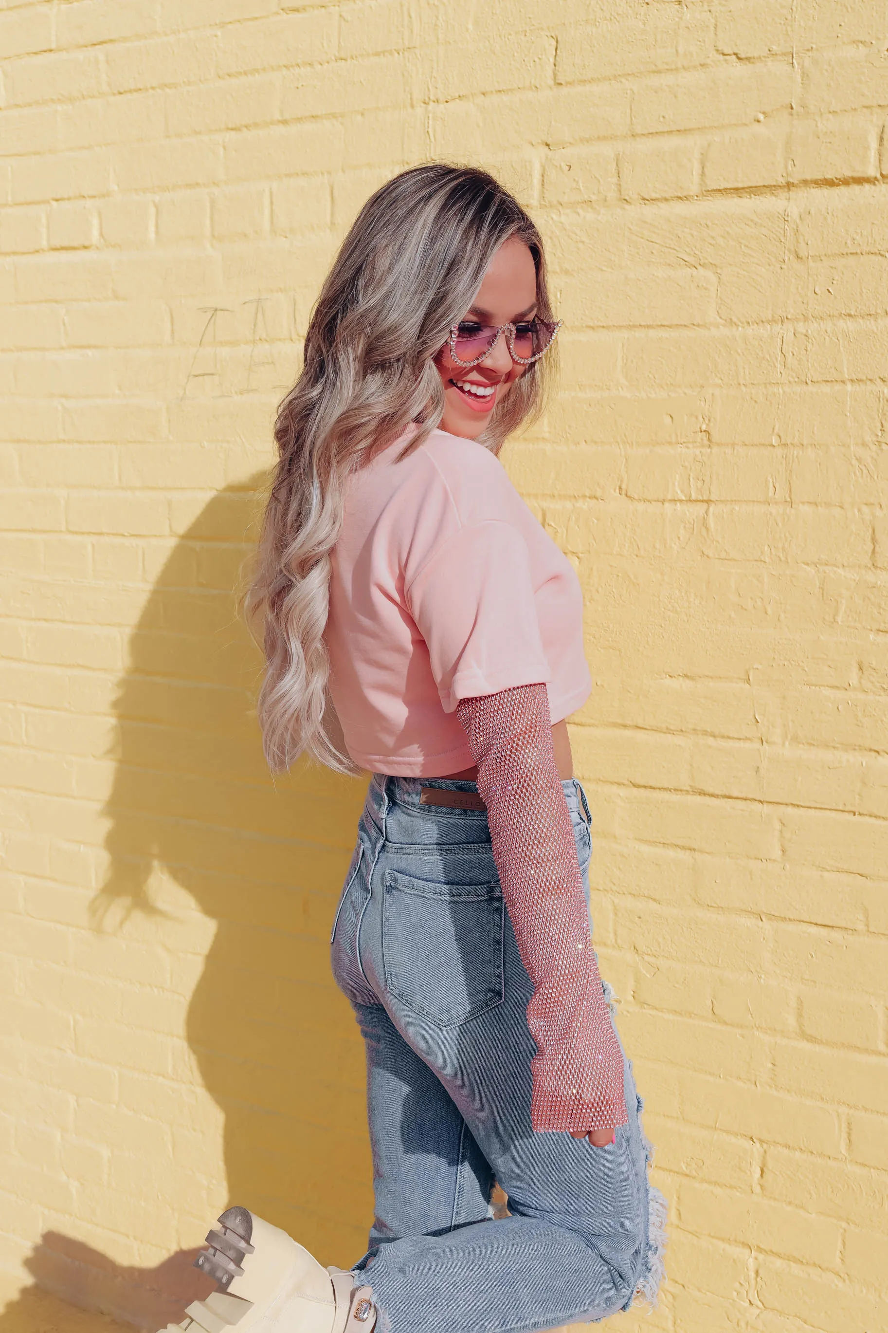 No Rules Rhinestone Sleeve Crop Top - Peach
