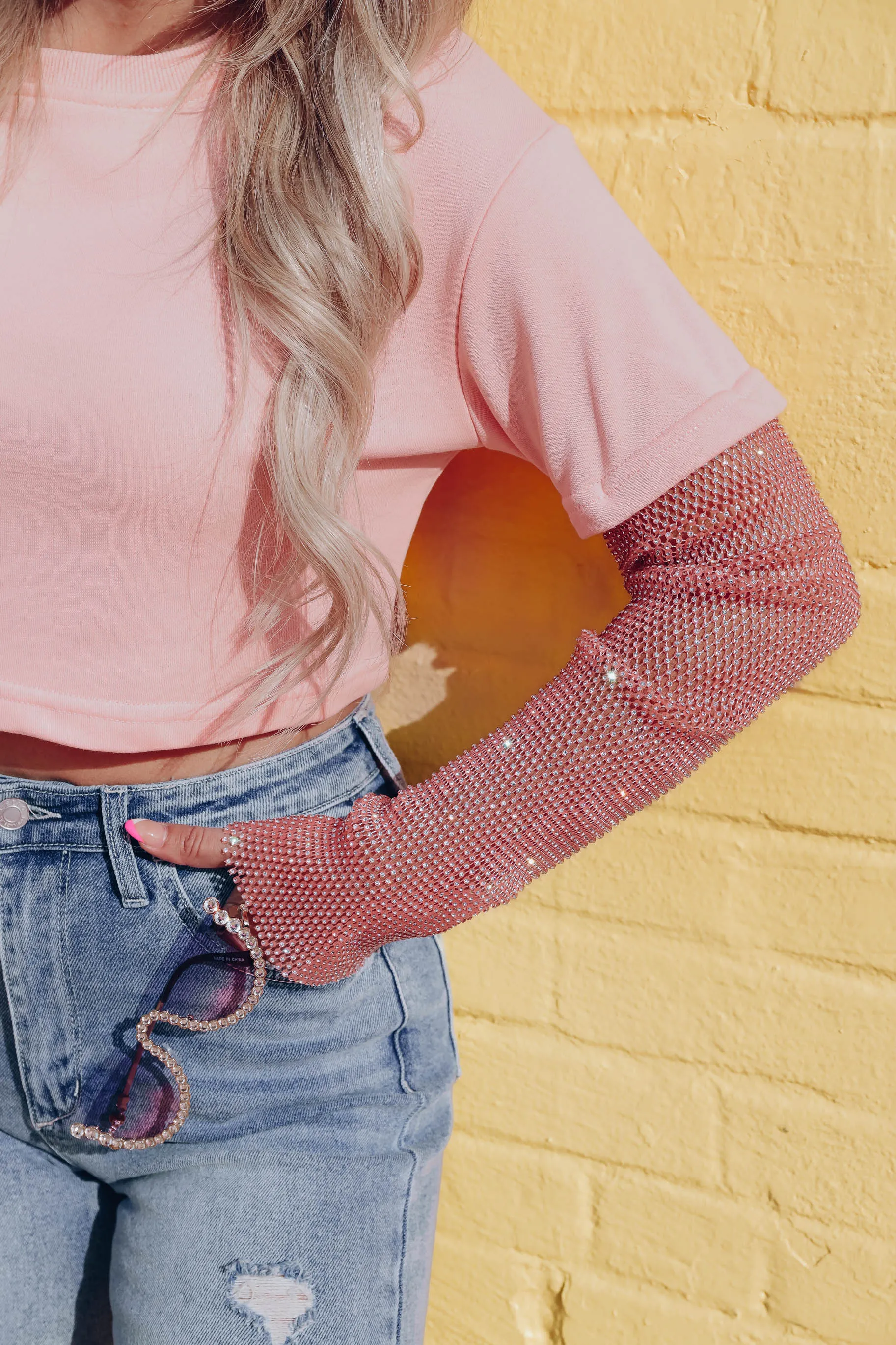 No Rules Rhinestone Sleeve Crop Top - Peach