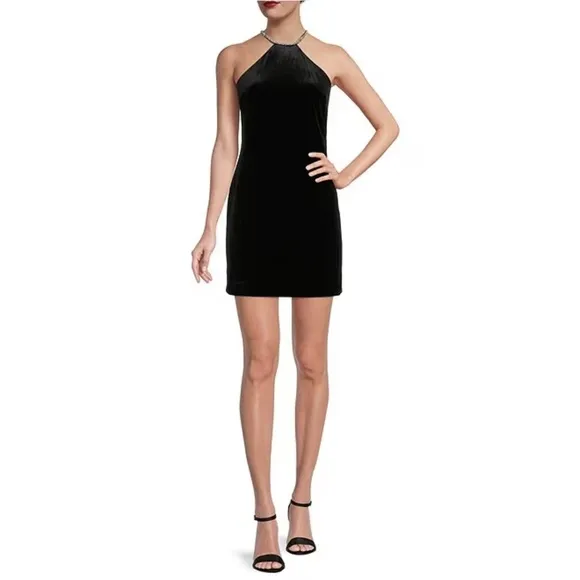 NWT Alex Marie Laura Stretch Velvet Embellished Halter Sheath Mini Dress Sz. 22W