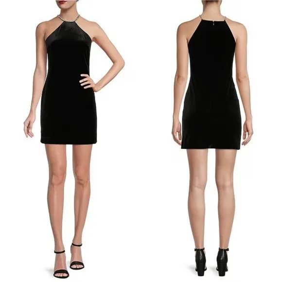 NWT Alex Marie Laura Stretch Velvet Embellished Halter Sheath Mini Dress Sz. 22W