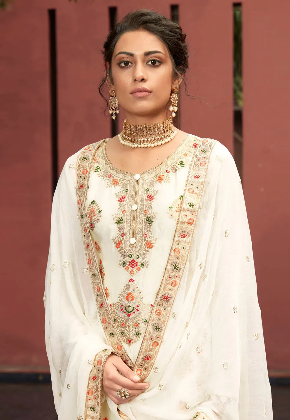 Off White Multi Embroidered Palazzo Suit