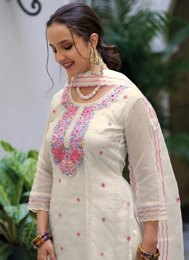 Off White Multi Floral Embroidery Traditional Salwar Kameez
