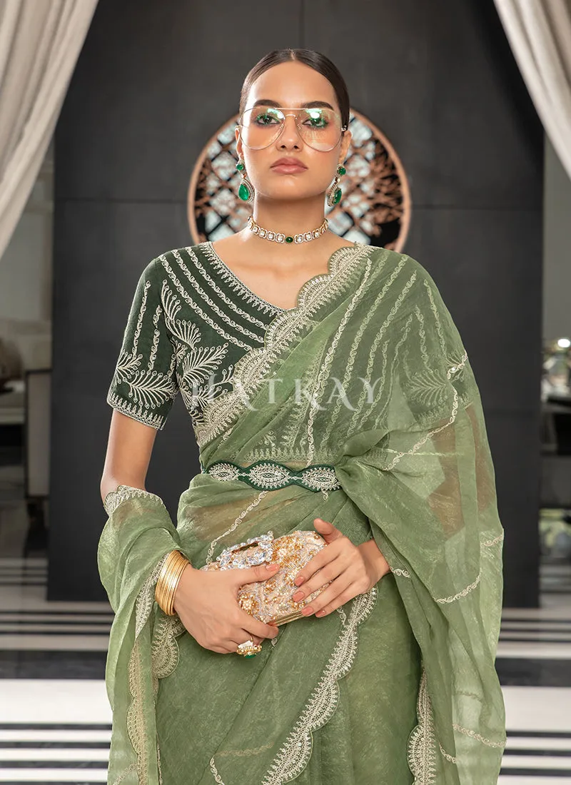 Olive Green Embroidered Organza Saree