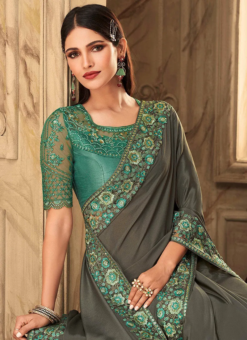 Olive Green Embroidered Silk Saree