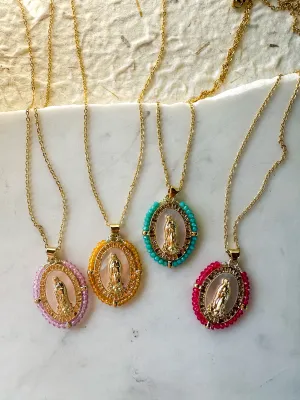 Opal Beaded Virgin Mary Necklace