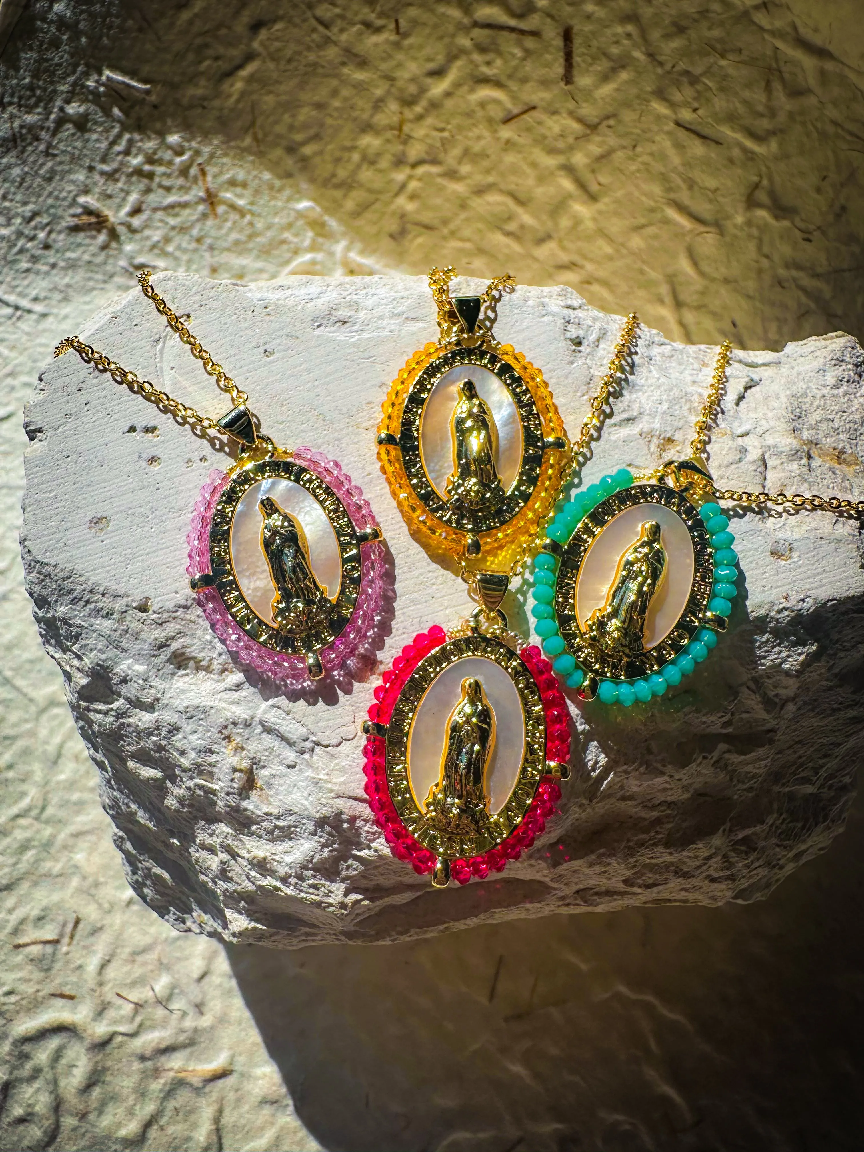 Opal Beaded Virgin Mary Necklace