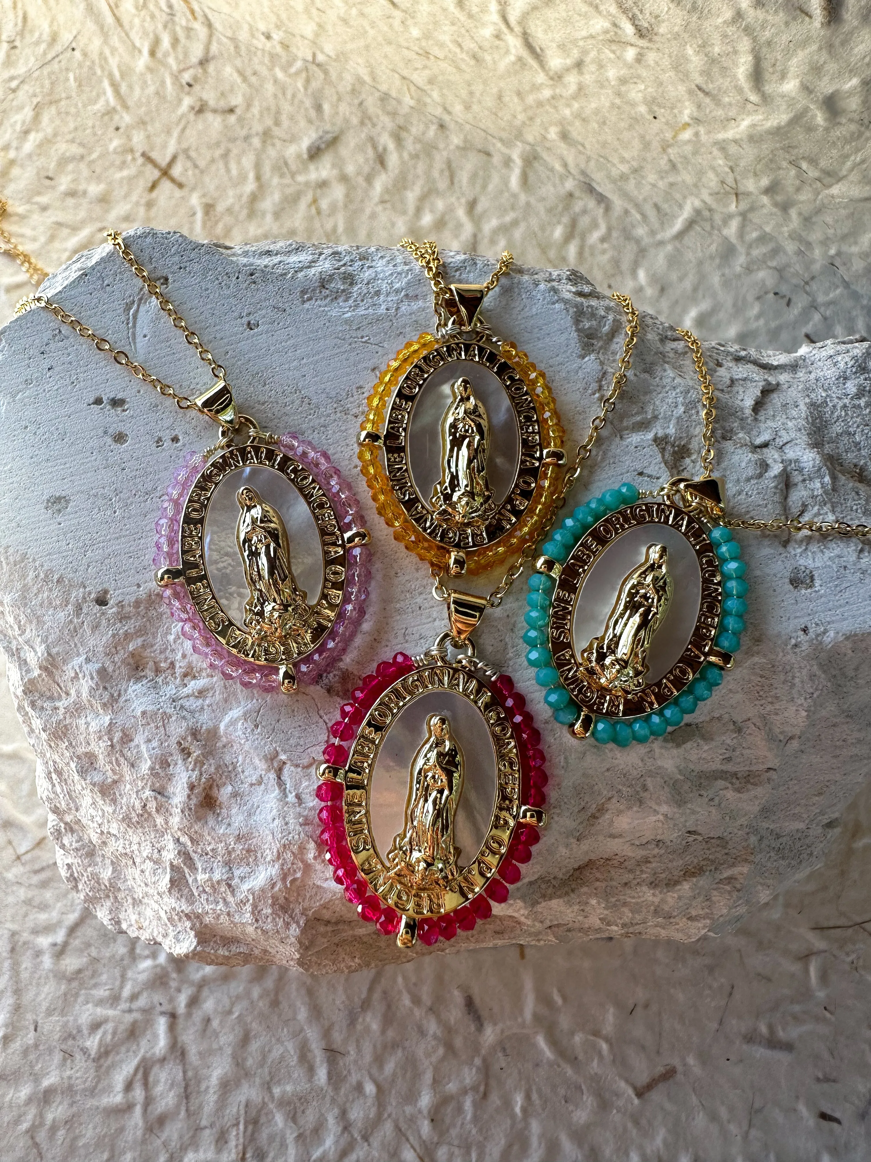 Opal Beaded Virgin Mary Necklace