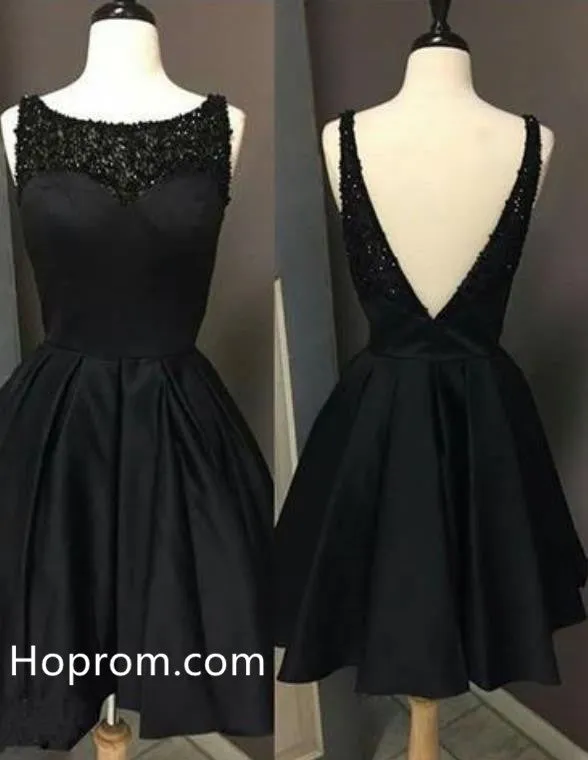 Open Back Homecoming Dress, Black Beaded Homecoming Dress