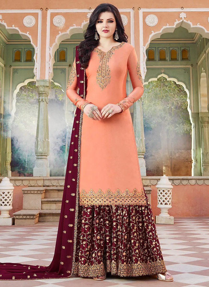Orange And Maroon Embroidered Gharara Suit