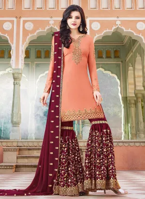 Orange And Maroon Embroidered Gharara Suit