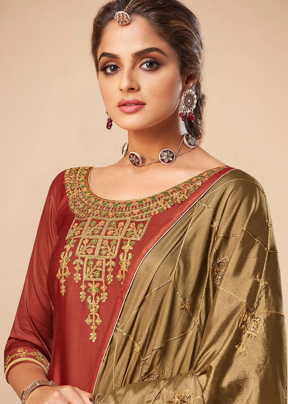 Orange And Ochre Embroidered Salwar Suit
