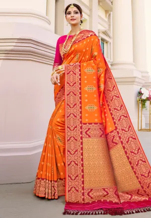 Orange And Pink Indian Banarasi Silk Saree