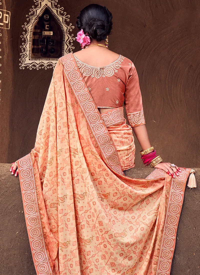 Orange Digital Prints And Soraski Work Silk Saree