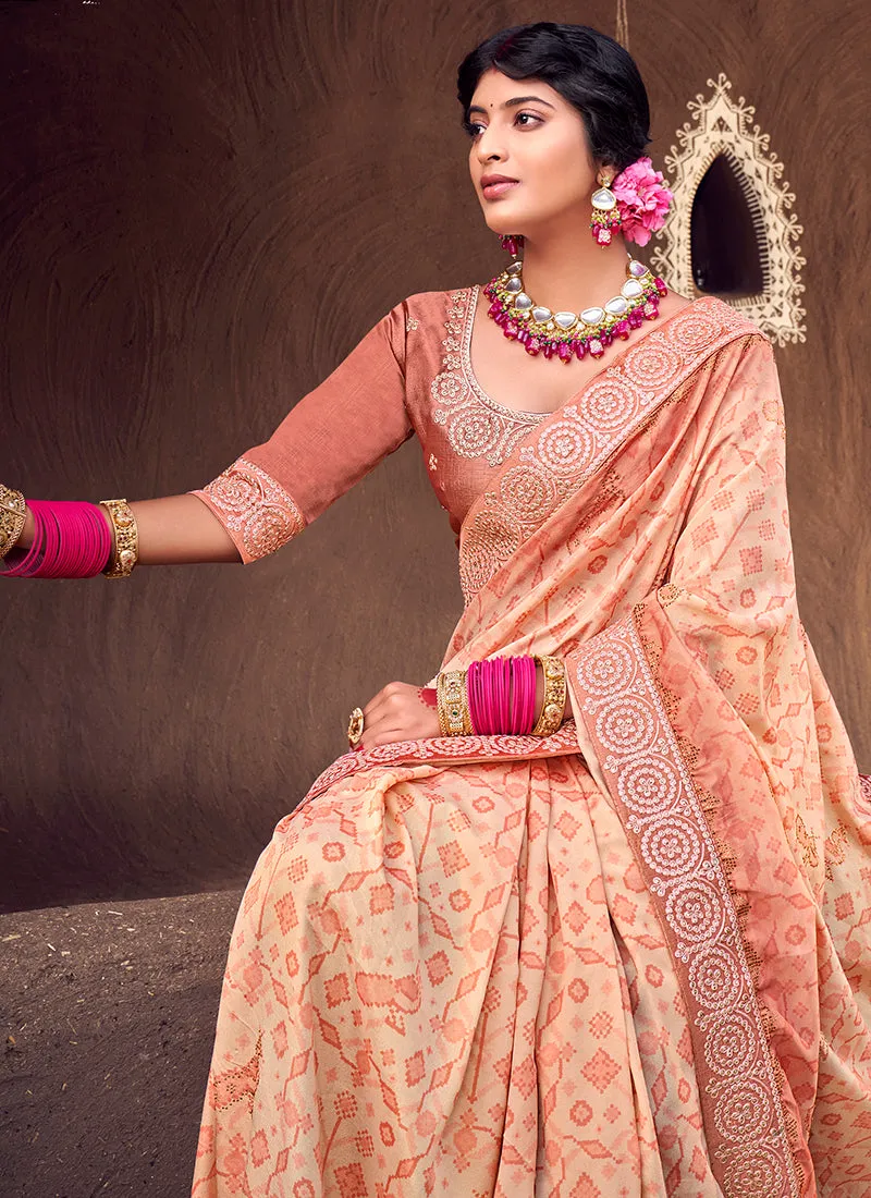 Orange Digital Prints And Soraski Work Silk Saree
