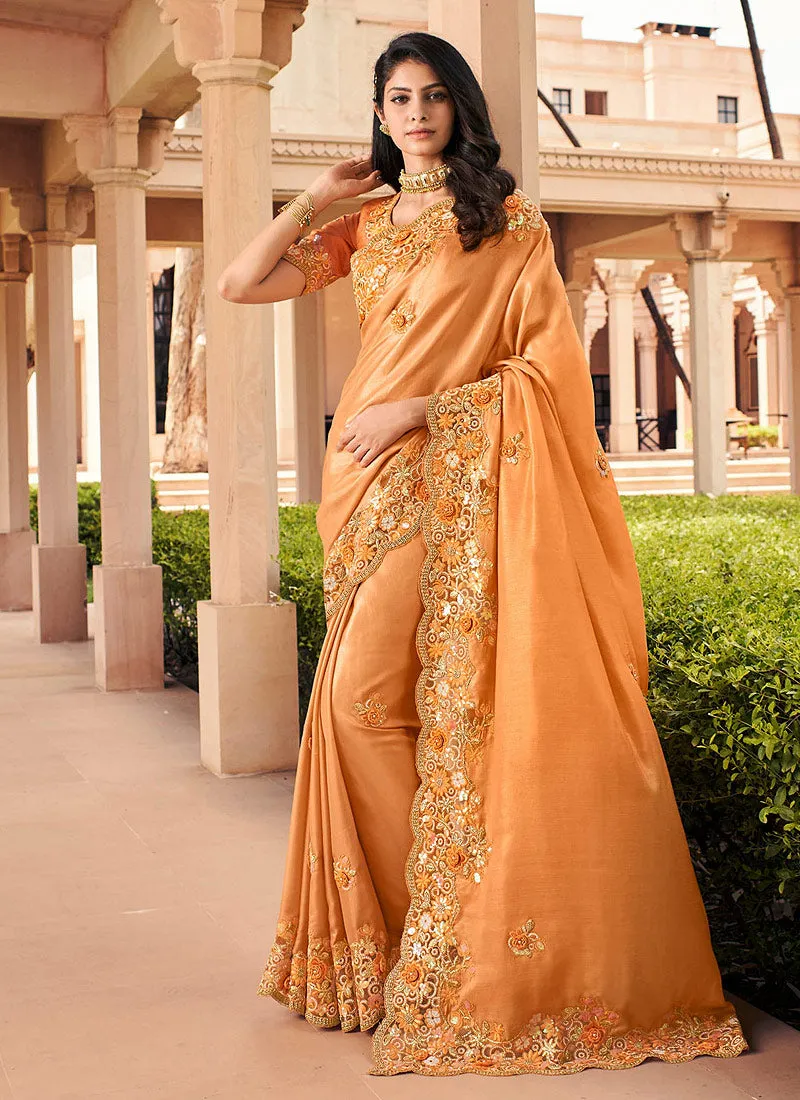 Orange Embroidered Party Wear Indian Silk Saree