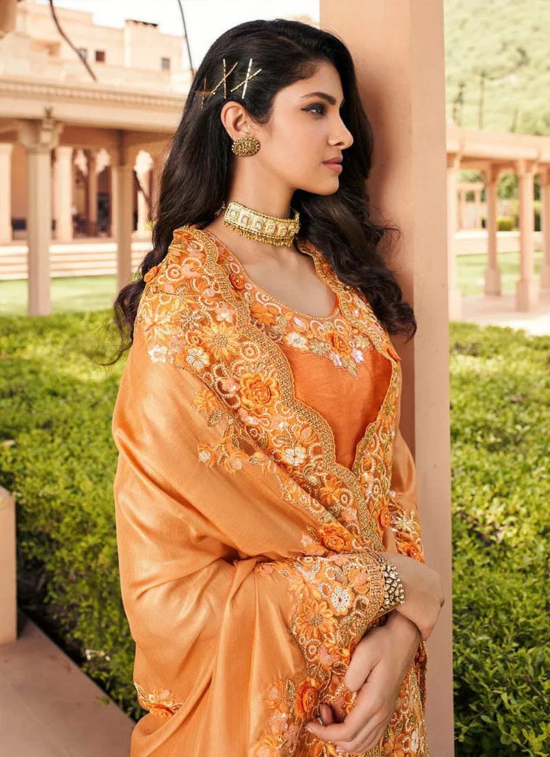 Orange Embroidered Party Wear Indian Silk Saree
