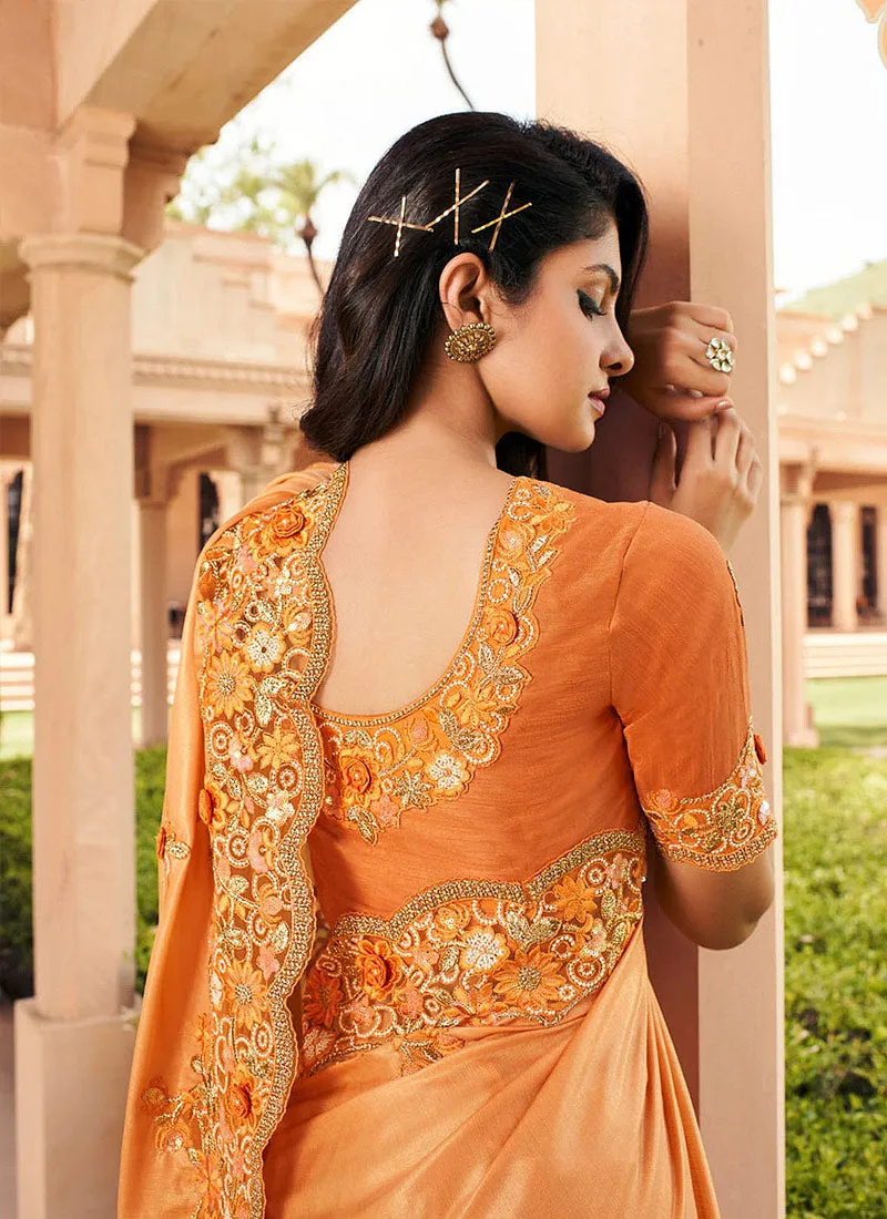 Orange Embroidered Party Wear Indian Silk Saree