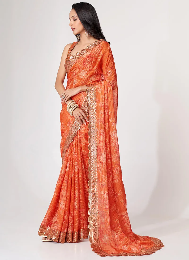 Orange Floral Print And Sequence Embroidery Organza Saree