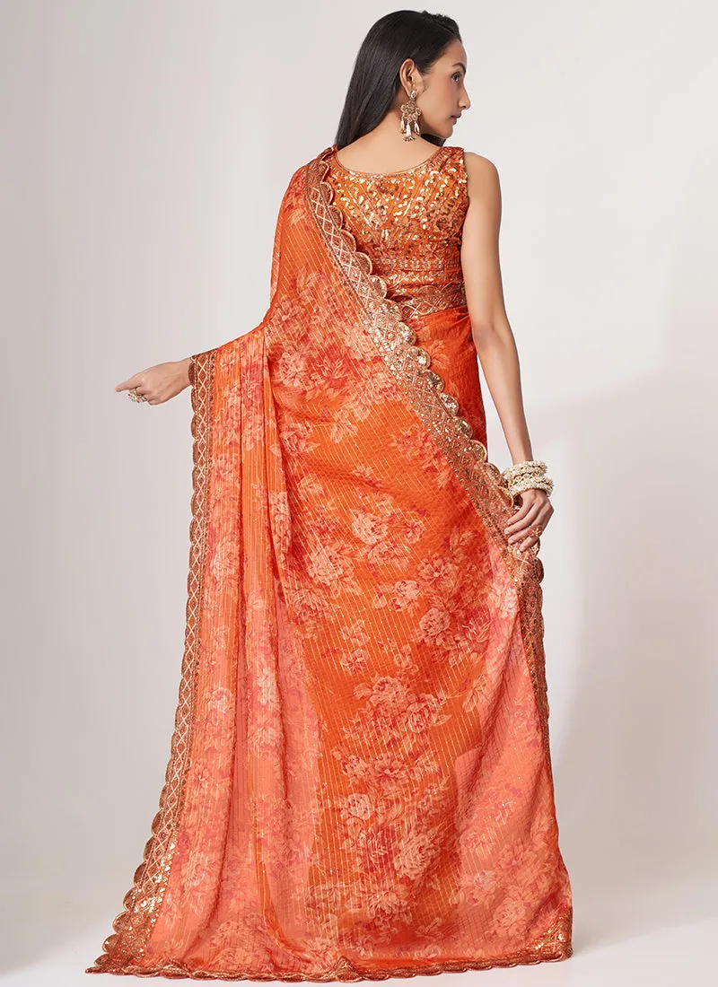 Orange Floral Print And Sequence Embroidery Organza Saree