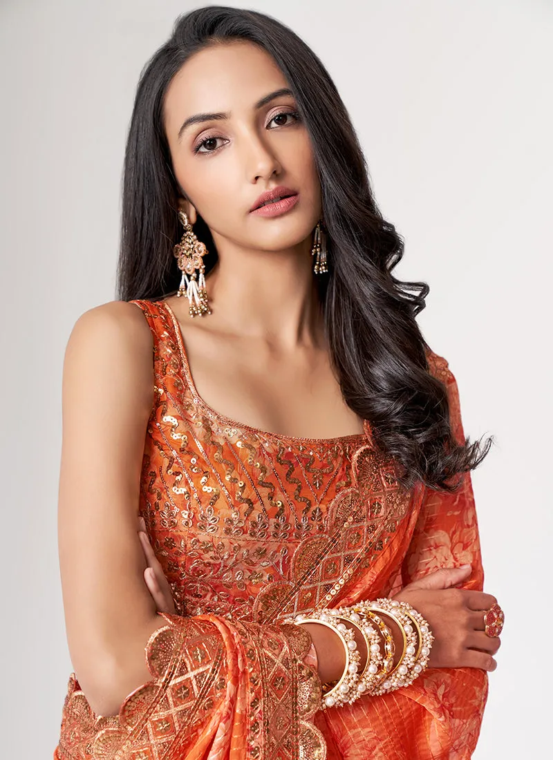 Orange Floral Print And Sequence Embroidery Organza Saree