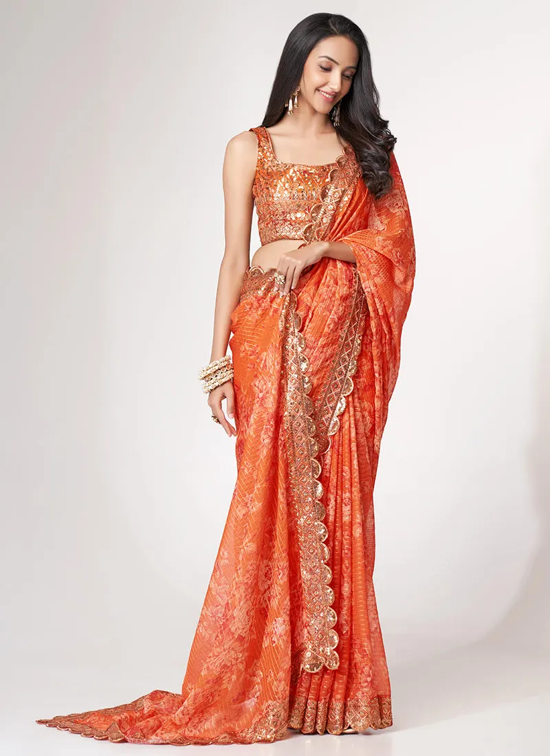Orange Floral Print And Sequence Embroidery Organza Saree