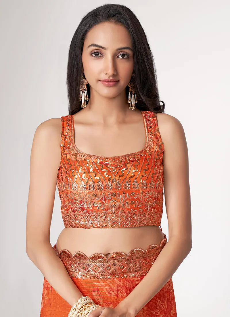 Orange Floral Print And Sequence Embroidery Organza Saree