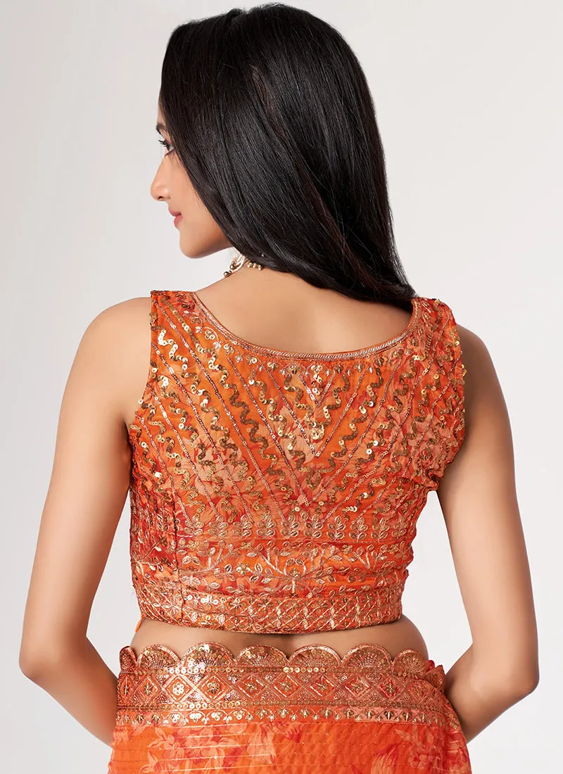 Orange Floral Print And Sequence Embroidery Organza Saree
