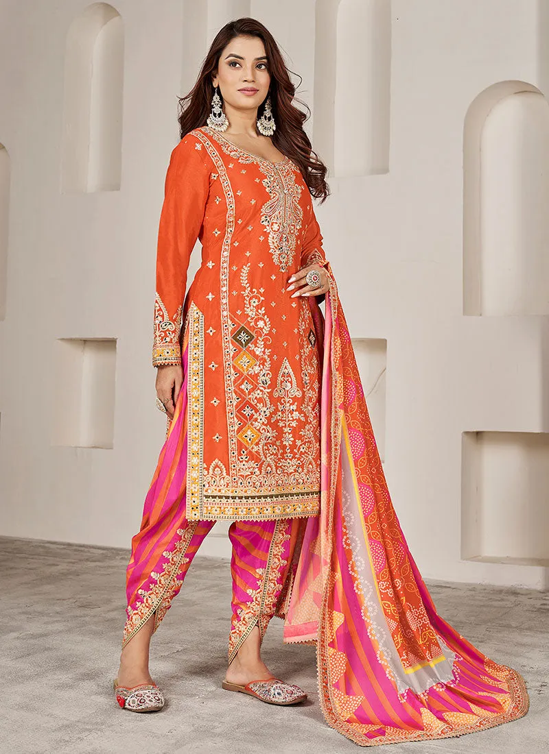 Orange Multi Embroidered Kurti And Dhoti Style Pant Suit