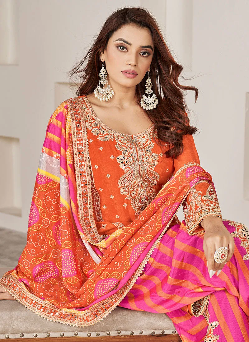 Orange Multi Embroidered Kurti And Dhoti Style Pant Suit
