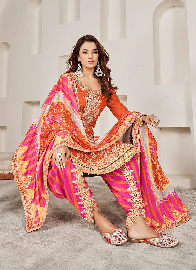 Orange Multi Embroidered Kurti And Dhoti Style Pant Suit