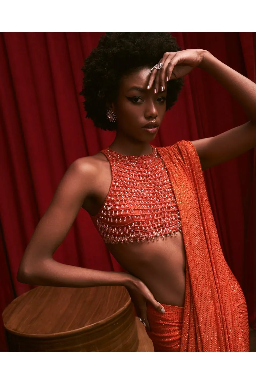 Orange Net Crystal Embellished Ruched Skirt Saree Set