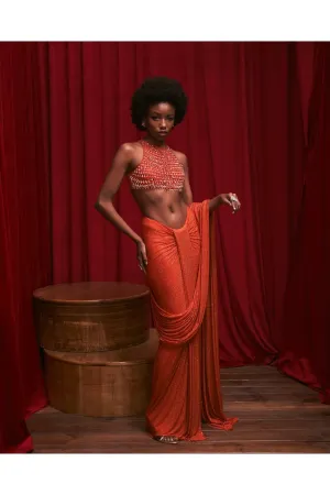 Orange Net Crystal Embellished Ruched Skirt Saree Set