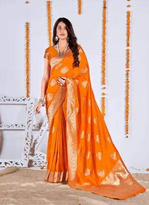 Orange Zari Embellished Banarasi Silk Saree